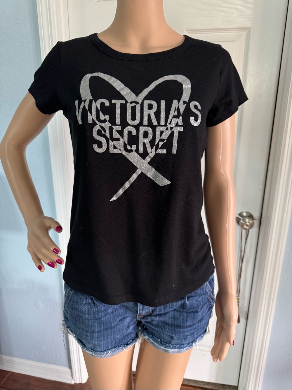 Victoria's Secret Black Tee with Silver Heart Logo and Text